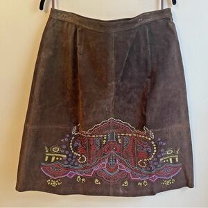 Vintage 90s Embroidered Suede Skirt Brown Crossing Pointe Boho Plus Size 18